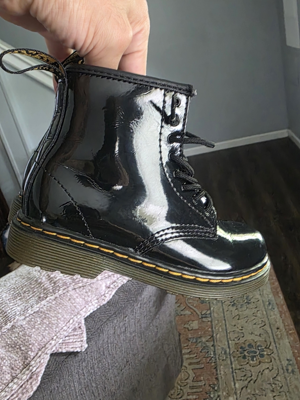 Dr. Martens 1460 Black Patent Lace-Up Ankle Boot with Yellow Stitching